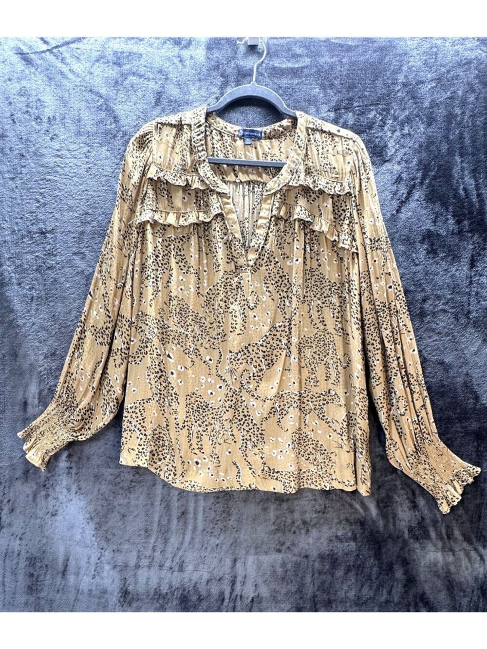 Democracy XL Leopard Blouse Tan Ruffle Smocked Boho Peasant Top Animal Print